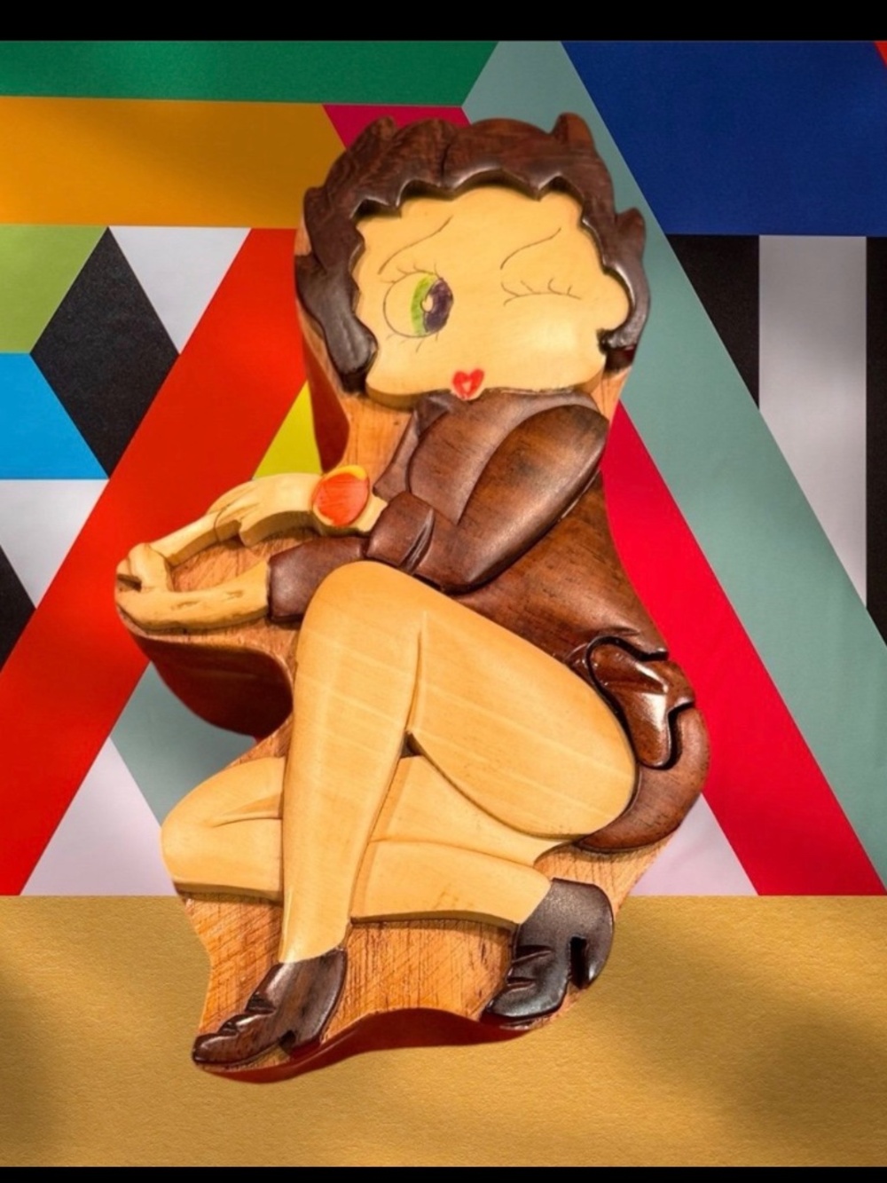 Betty Boop Wooden Hand Carved Easy Solve Puzzle Trinket Puzzle Box